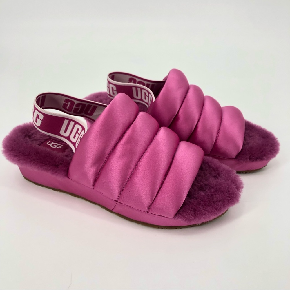 UGG Puff Yeah Fuchsia Satin Slide Slingback Slippers